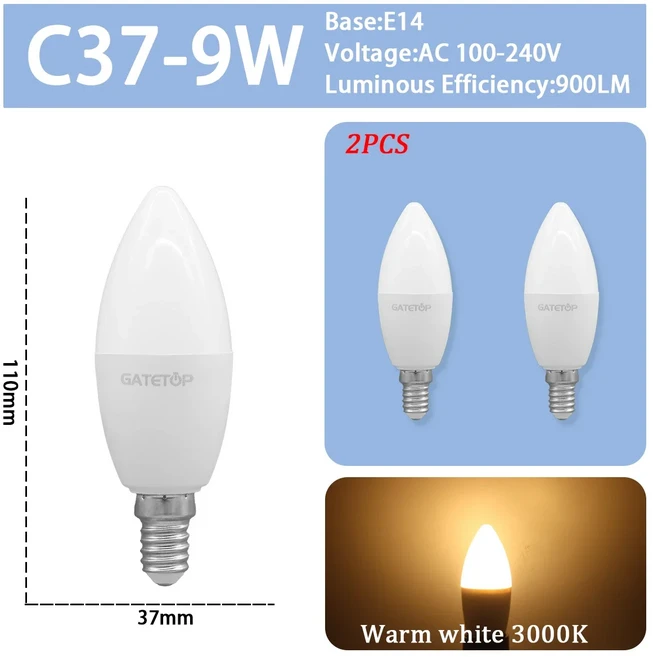 2pcs LED 필 라 멘 트 전구 E27 2200K 에디슨 빈티지 램프 E14 GU10 AC 홈 침실, 05 2pcs E14 3000K C37, 01 AC100-240V, 01 9W