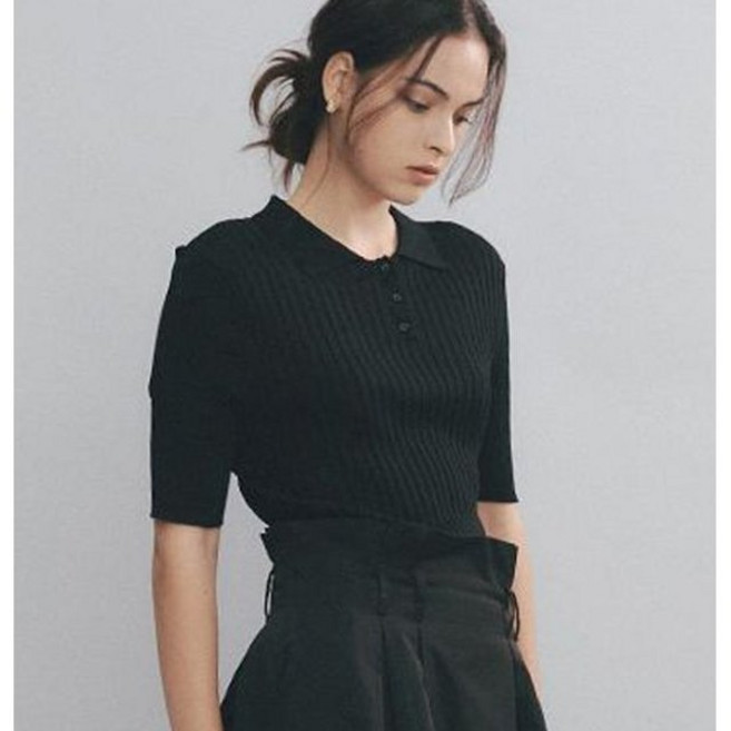 블랙 반팔카라 골지 니트 풀오버