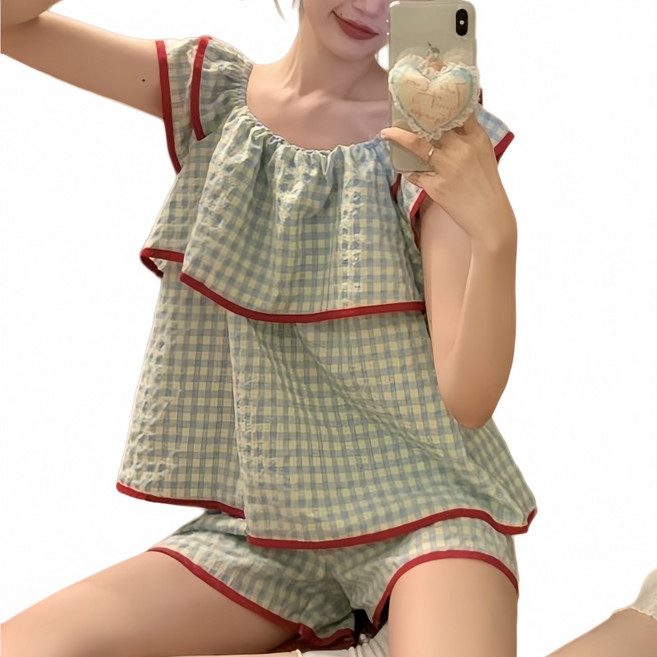 Makone 여성 체크 파자마 캉캉 심플 큐티 루즈핏 반팔 반바지 잠옷 상하의 세트 홈웨어 슈트