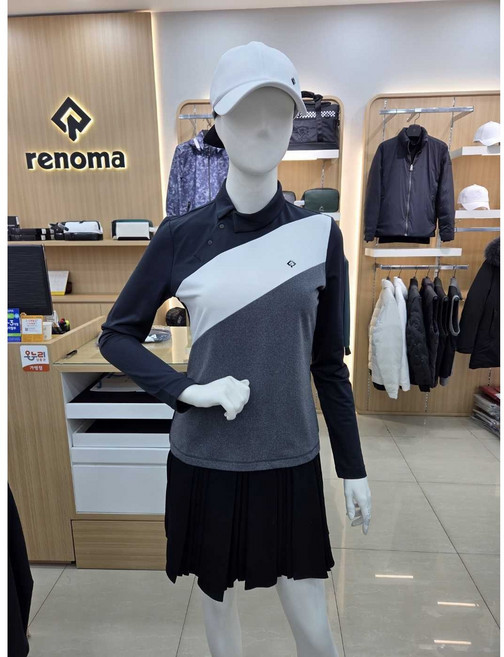 레노마 여성 사선 단추 컬러블럭 제에리 긴팔티