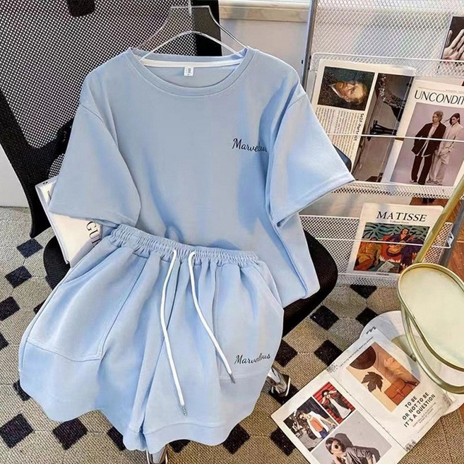 TIMEPURE 캐주얼 러닝 트레이닝 세트 여자 여름 루즈핏 날씬해 보이는 반팔 반팔 반바지 투피스 통기성 상하 세트