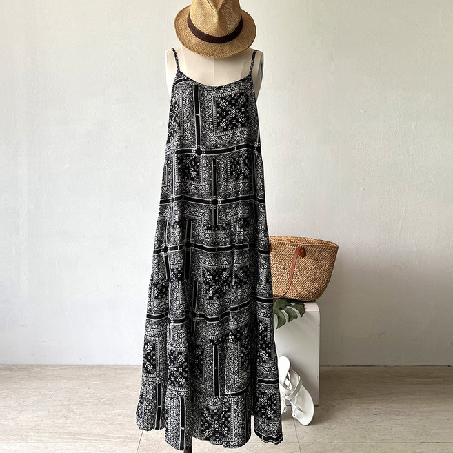 네모엔룩 뷔스티에 여성용 패턴 나염 휴가룩 비치웨어 끈조절 레이어드룩 민소매 나시 롱 원피스