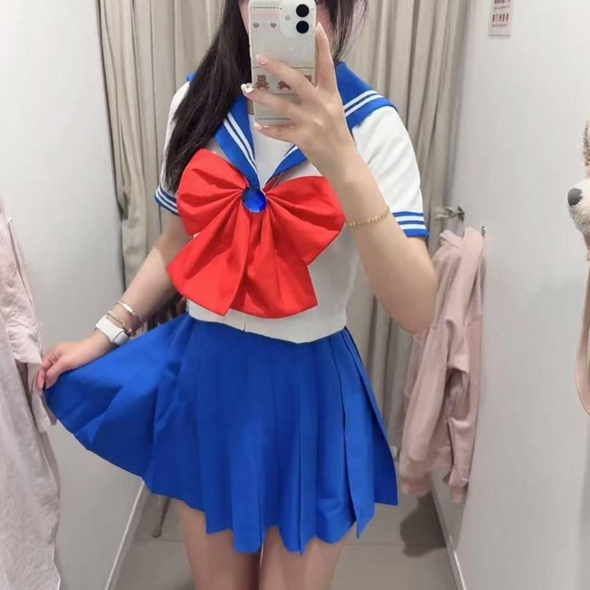 JK制服 水手服套裝 美少女戰士學院風短裙, 1個, 藍色水手服上衣+領結+藍色百褶裙 三件套S