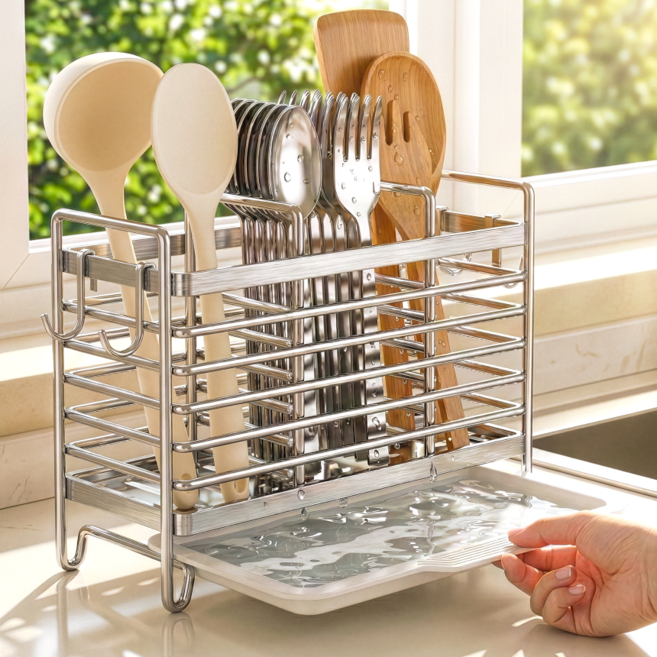 공온 스텐 3칸 분리 수납 물빠짐 트레이 수저통, 1개, 실버