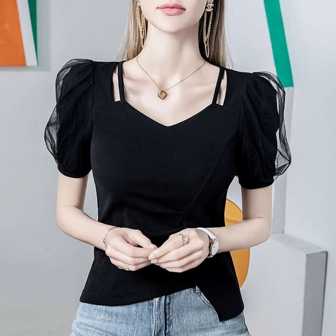 페이준 여성 봄 여름 망사 패치 브이넥 퍼프소매 패션 반팔 티 허리 조임 언발 티셔츠 YJ3623