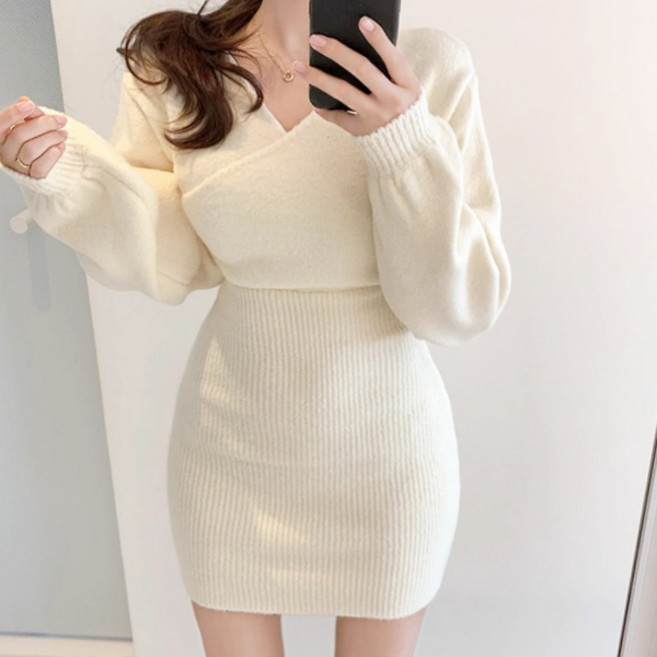 온율 랩 브이넥 니트 원피스