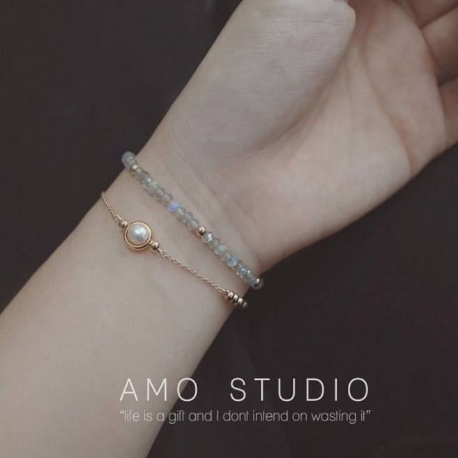 111878 팔찌 리틀 선 14K 백 골드 블루문스톤 크리스탈 여성 팔찌 인스 소홀한 디자인 고급 느낌 진주