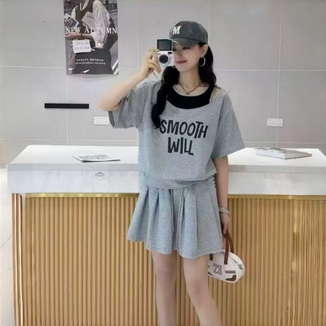 여름 여성 빅사이즈 반팔티+스커트 투피스 세트 데일리룩 캐주얼 트레이닝복 세트 패션 오프숄더 맨투맨 치마 세트 하객룩 스커트 세트