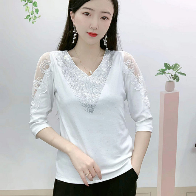 유니픽 여성 봄여름 면 V넥 7부 소매 탑 우아한 시스루 레이스 디자인ddn