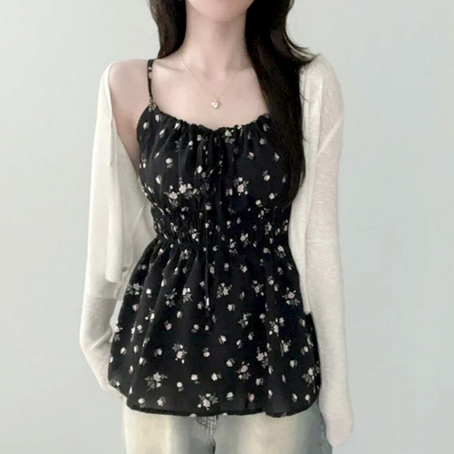 라라홀리 플로럴 셔링 볼륨 허리 밴딩 프릴 쉬폰 끈나시 블라우스