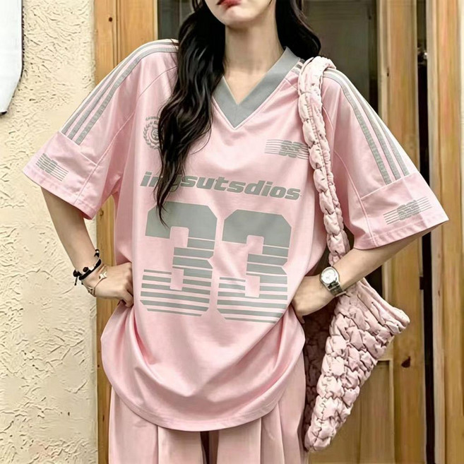 美式復古V領數字33短袖球衣上衣 簡約速乾透氣運動百搭