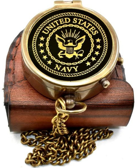 네이비 새겨진 황동 포켓 나침반 – 가죽 케이스가 있는 빈티지 앤티크 항해 도구 맞춤형 해양 기념품 미 해군 또는 해병대 졸업 생일 부