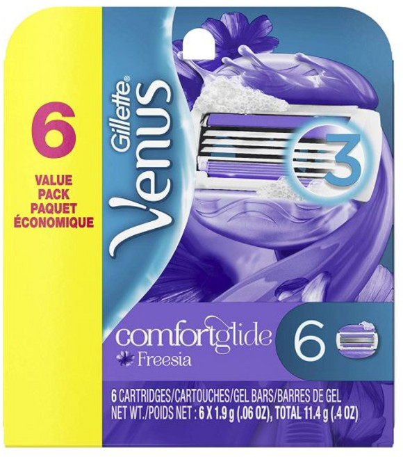 Gillette Venus 컴포트글라이드 부드러운 프리지아향 젤바 저자극 여성용면도기 3중날 리필면도날 6개 1팩, 질레트 비너스 브리즈 카트리지 6개들이