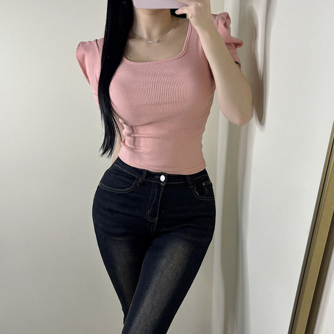 VANANA2 국내제작 러블리 퍼프소매 슬림핏 골지 반팔 티셔츠