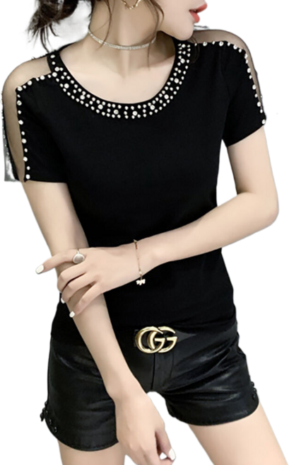 댄스복 상의 여성용 큐빅 반팔 망사 티셔츠 2T238