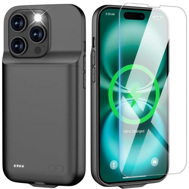 아이폰 16용 배터리 케이스 - 슬림 충전 케이스 듀얼 15W 고속 충전 - 향상된 8600mAh 충전 케이스 우선 충전 긁힘 방지 프리미엄 보호 배터리 충전 케이스 6.1인치, Black, For iPhone 16 Pro (6.3“)