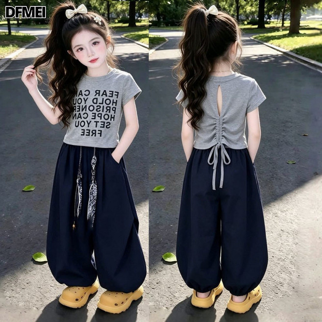 DFMEI 童裝女童夏季套裝夏裝中大童短袖字母上衣燈籠褲女孩運動服兩件套