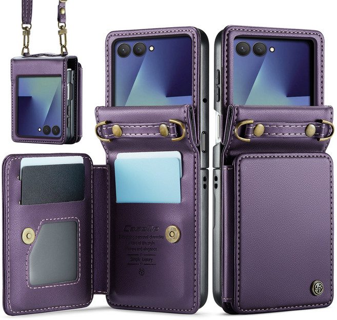 갤럭시 Z Flip7 수제 고급 소프트 레더 현금카드 수납 핸드&크로스 스트랩 지갑케이스