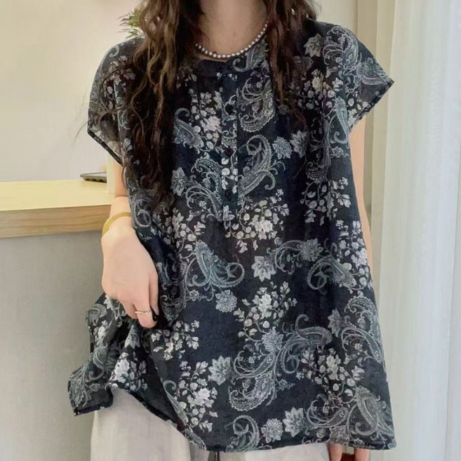 루스리더 여성 프린트 라운드넥 패션 블라우스 M956