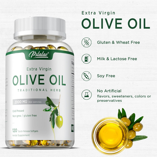 엑스트라 버진 올리브 오일 보충제 식물성 올리브 오일 캡슐. 심장 관절 건강 및 두뇌 기능에 필요한 영양소를 섭취하세요. 글루텐 프리 비유전자변형(Non-GMO) 제품입니다, 1개, 60정