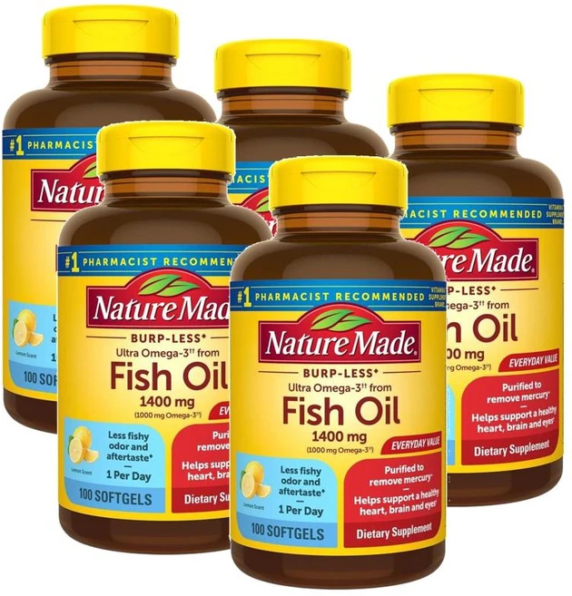 네이처 메이드 오메가3 피쉬오일 1400mg 버프리스 소프트젤 Nature Made Fish Oil Burp-Less Softgels, 100정, 5개 - 쿠팡