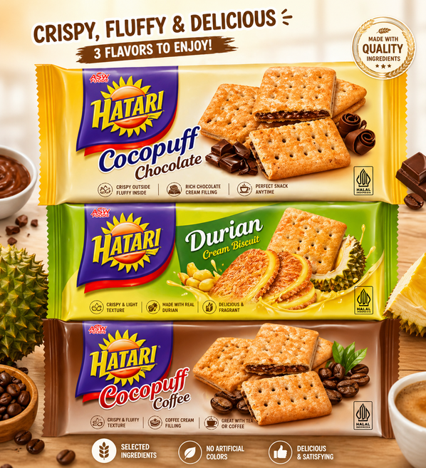 Hatari Cocopuff Biskuit 3 Varian Chocolate Coffee Durian Snack Indonesia, 1세트, 510g