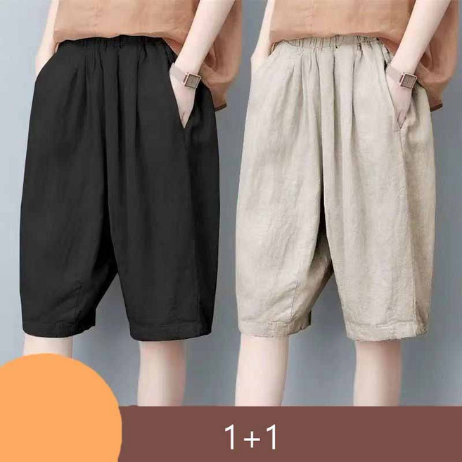 1+1 중장년 여성 어름 반바지 캐주얼 루즈핏 밴딩 5부 배기 팬츠 빅사이즈 데일리 엄마 얇은 반바지 YLP