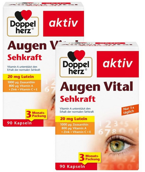 독일 내수용 도펠헤르츠 루테인 지아잔틴 비타민A 아연 눈 영양제 Doppelherz Eye Vital With Lutein & Zeaxanthin - Vitamin A and Zi, 2개, 90정