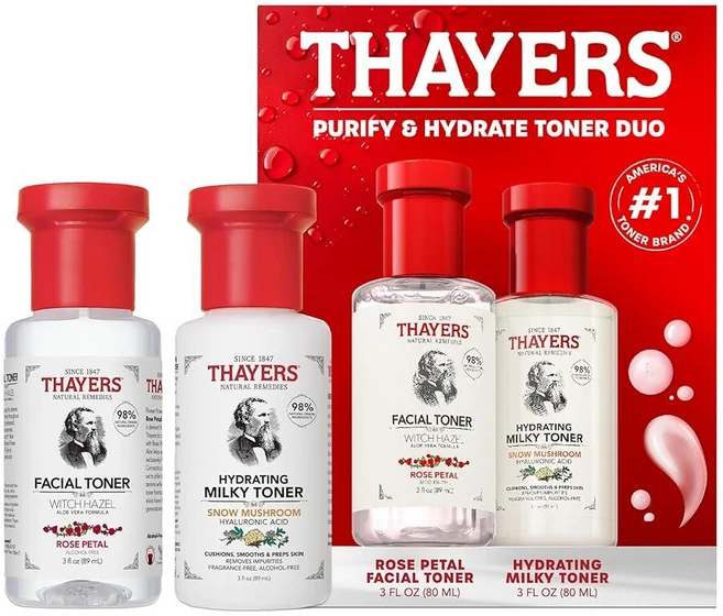 Thayers Purify & Hydrate 스킨 케어 세트 모공을 줄이기 위한 장미 꽃잎 페이셜 토너와 48시간 수분을 수분 공급 밀키 토너 키트 1개 포함 188451, 1 - 쿠팡