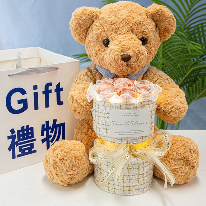 可愛小熊香皂玫瑰花束 附贈禮物提袋 適合送女友、閨蜜、畢業禮物, 1個, 經典禮袋裝 抱抱熊30cm 送燈+卡片