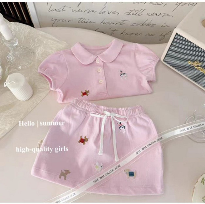 주니유니 아동 강아지자수핑크투피스 여아상하복 여름상하복 반팔치마세트 아동여름옷