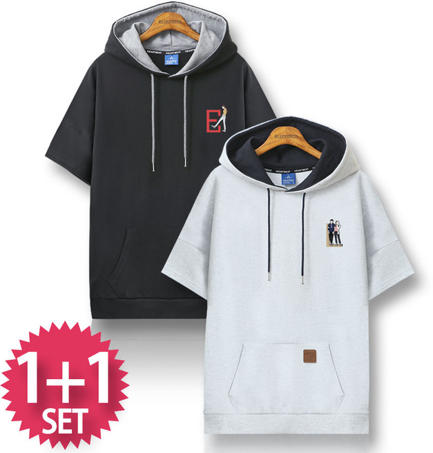 블루포스 엘데엇 반팔 후드티 [2장 묶음] 오버핏 남자 티셔츠 남성 빅사이즈 반팔티 단체티 여름 커플티 츄리닝