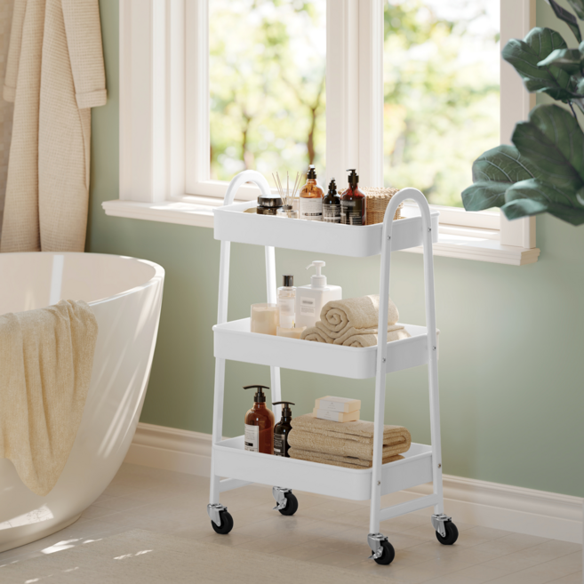 SONGMICS 튼튼한 다용도 이동식 360도 회전 바퀴 철제 핸들 트롤리, 3단, 화이트