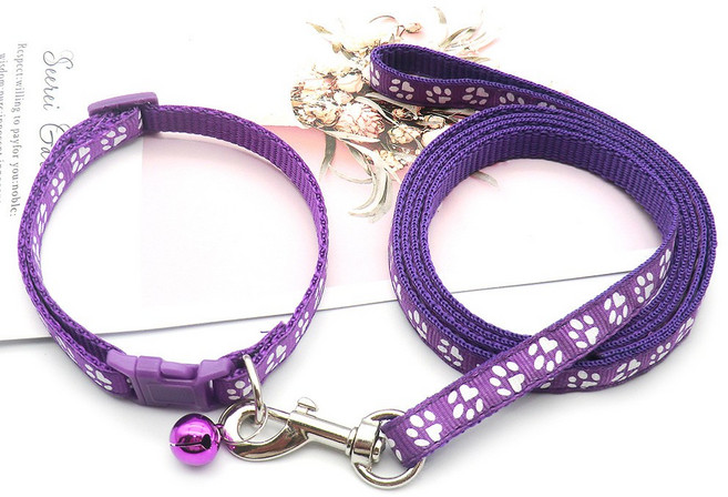 강아지 발 프린트 견인 끈 강아지 견인 목걸이 세트 프린트 강아지 목걸이 고양이 견인 끈, 보라색, 1개