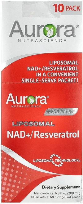 Aurora Nutrascience Mega-Pack+® Liposomal NAD +/ Resveratrol 10 Packets 0.68 fl oz 20 ml Each, Aurora Nutrascience, Mega-Pack, 1개 - 쿠팡