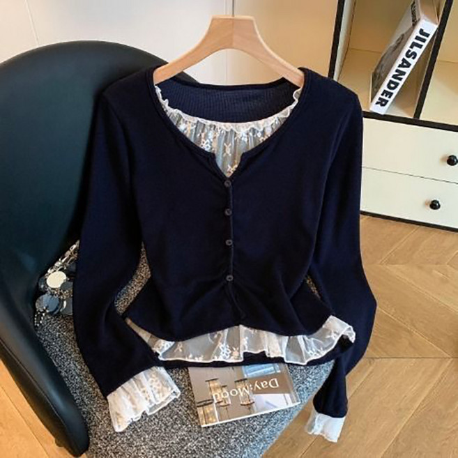 Neirny 여성 빅사이즈 라운드넥 레이스 긴팔티셔츠 봄가을 레이스 패치 가짜 투피스 간절기 스판 루즈핏 데일리 아우터 상의