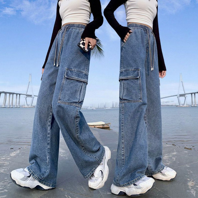 빅사이즈 카고 데님 팬츠 루즈핏 캐주얼 날씬해 데일리 고급감 봄가을 밴딩 와이드핏 청바지