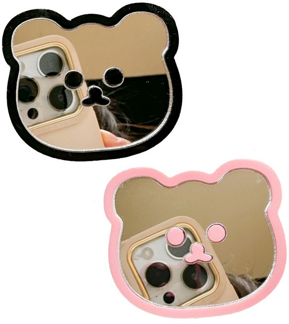 에쉬울프 곰돌이 거울 휴대폰 스마트톡 그립 홀더 거치대 [1+1세트], 1세트, 블랙 핑크