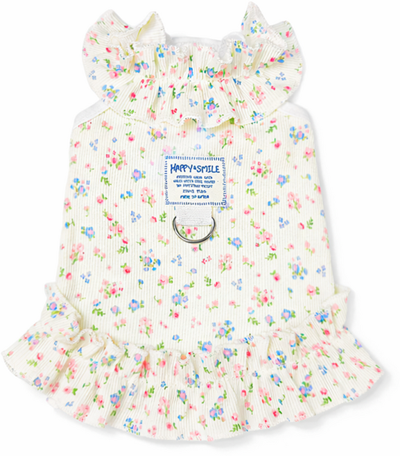 렛츠독 강아지 공주 쭈리 하네스 일체형 나시 원피스 옷, 1개, 화이트잔꽃