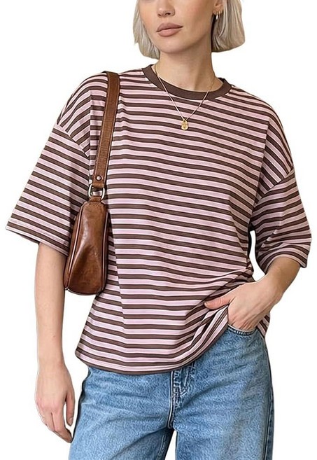 Awoscut Womens Oversized Summer Striped T Shirts 3/4 Sleeve Crew Neck Casual Loose Y2k Tops Blouse, Awoscut Womens Oversized Summe