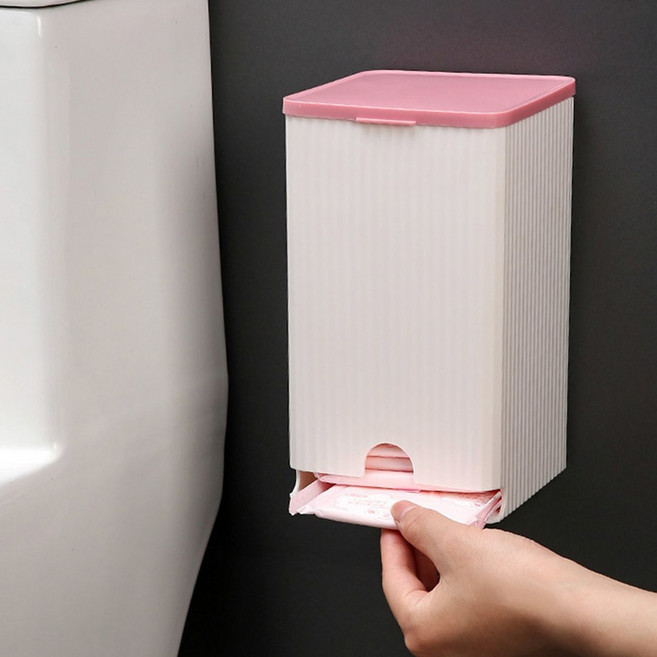 Houseeker 벽걸이 생리대 보관함 티슈 페이퍼 면봉 정리함 케이스 다기능 플립 커버 박스, 1개, 분홍색