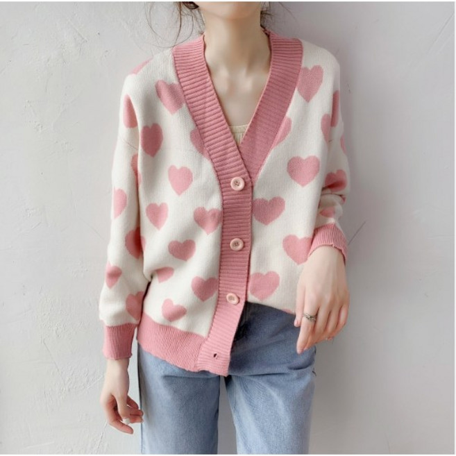 체인지쉬(change she)여성 달콤 브이넥 핑크 하트 나른한 니트 가디건