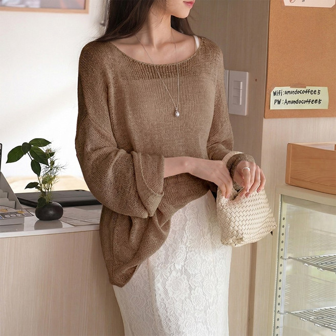 데일리앤 린프 여리여리 그물 시스루 봄 여름 얇은 레이어드 긴팔 루즈핏 니트 티