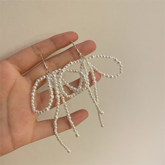 일호장신구 진주 비드 드롭 리본 귀걸이 러블리 발레코어 귀여운 하객룩 포인트 이어링