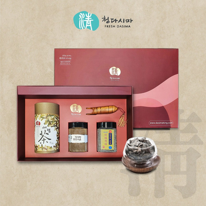 (주해심원)청 다시마 3종선물셋트(누룽지다시마차100g 청다시마차 50g*2 흑진주 블랙 다시마 양념소금(저염) 230g 천연조미료다시마 진한맛230g), 1개