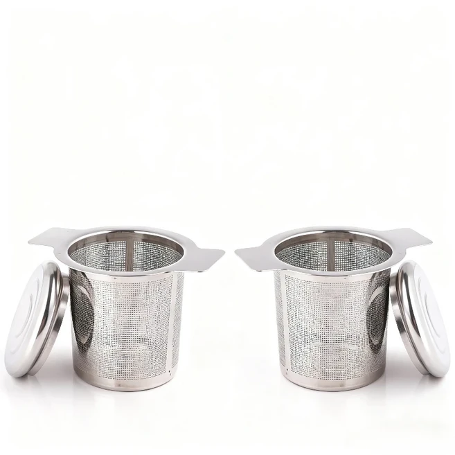 304 스테인리스 스틸 차 거름망 미세한 망 내열 손잡이 이중 손잡이 뚜껑 가정용 차 애호가를 위한 차 끓이, 02 2pcs strainer Cover