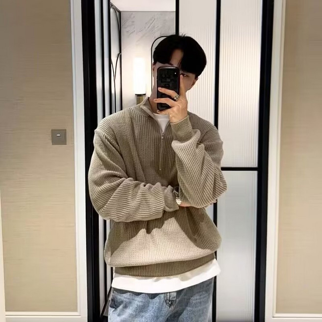 ANYOU 가을 남자 반집업 니트티 남성 스웨터 모크넥 집업니트 캐주얼 슬림핏 근육핏 니트 상의 남친룩 데일리