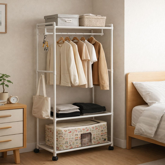 TOROHA 3단 선반 이동식 스탠드 옷걸이 행거, 화이트
