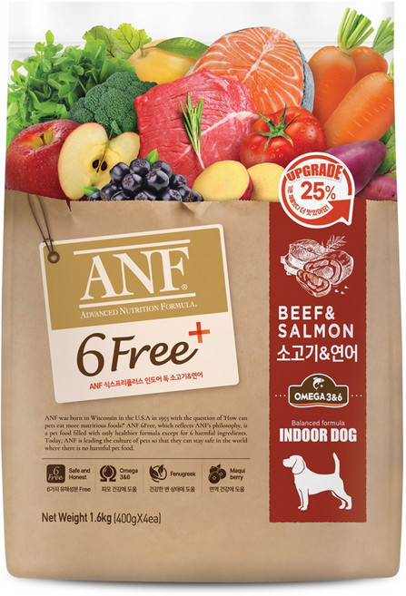 ANF 전연령 식스프리 플러스 인도어 독 건식사료, 소+연어, 1.6kg, 1개