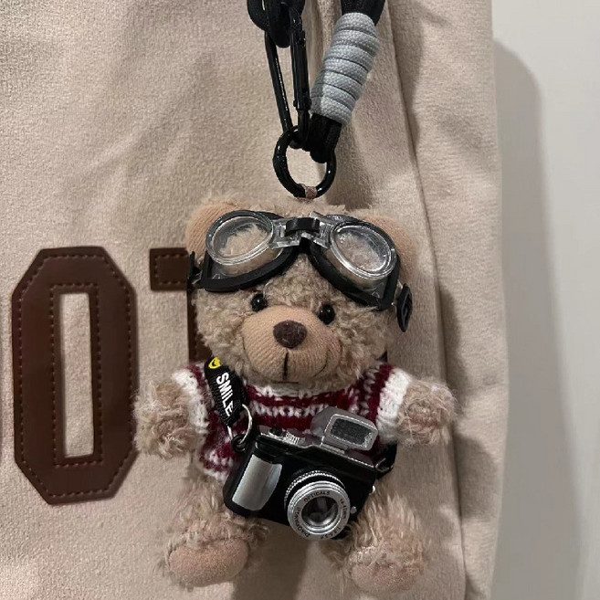 픽한가득 귀여운 뽀글이 곰돌이카메라 인형 가방키링, 레드, 1개